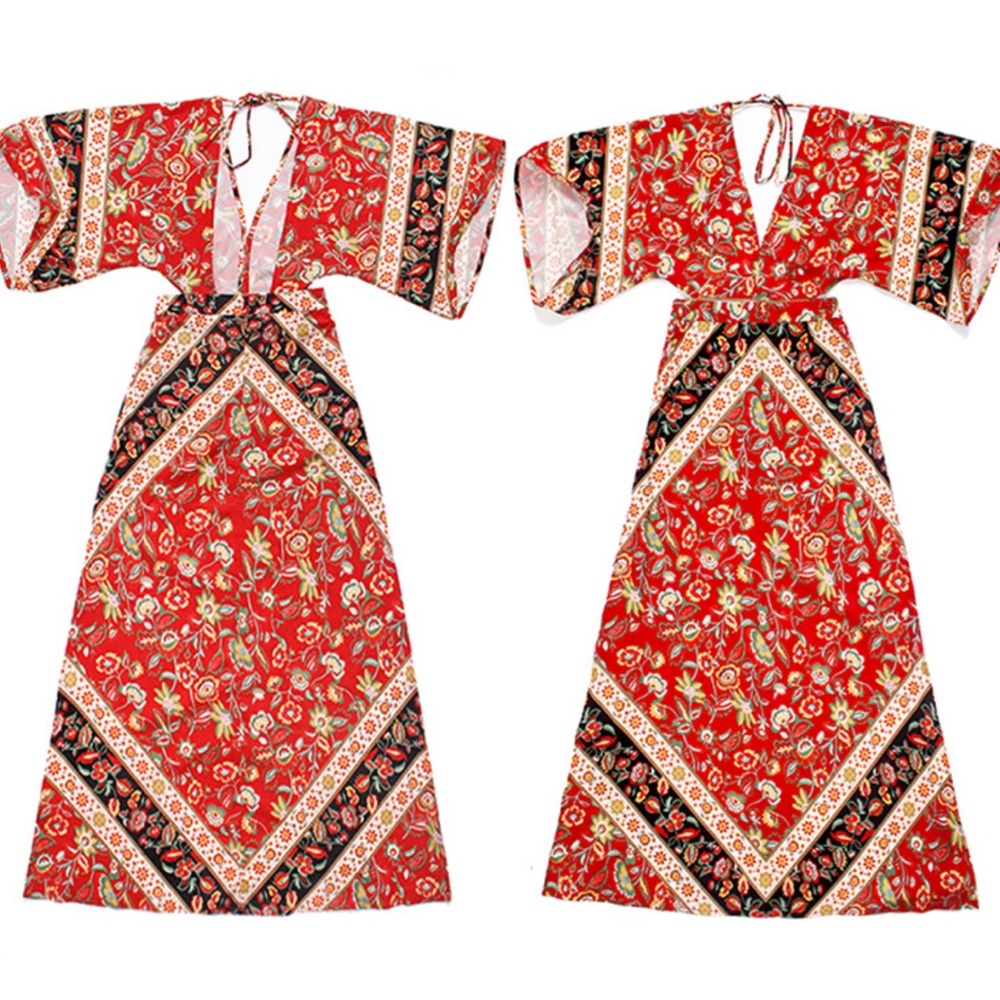 Backless Boho Gypsy Maxi Dress Floral Long Sleeve - Picture 10 of 11